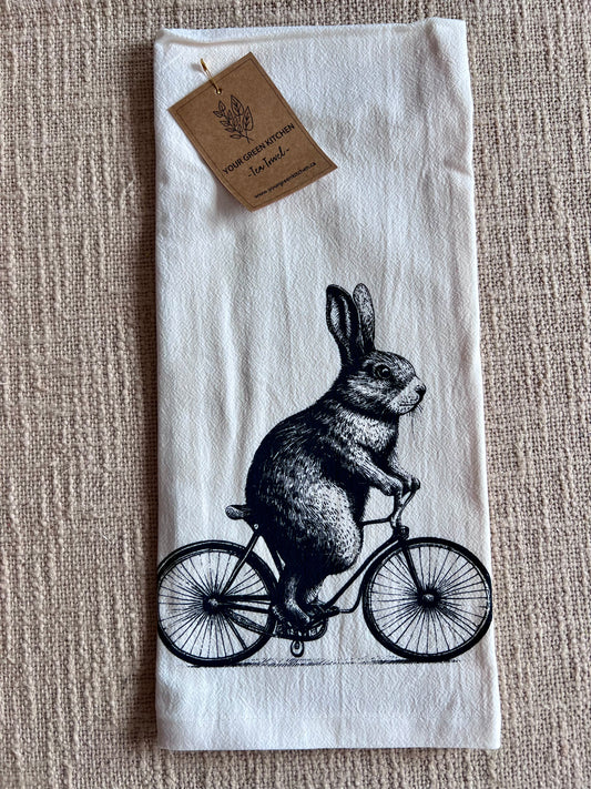 Bunny Rabbit on a Bike 100% GOTS Organic Cotton Tea Towel
