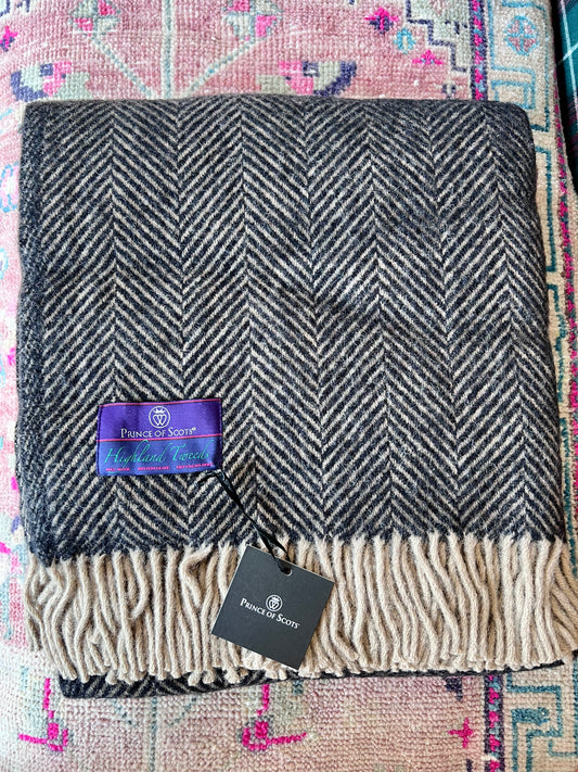Black & Tan Highland Tweeds 100% Wool Herringbone Throw - Made in the British Isles