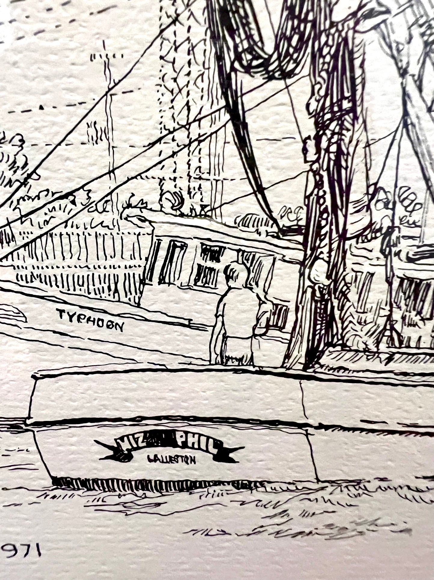 "Clear Creek at Galveston Bay, Texas" - Reframed Original Signed Ink Drawing by Artist Jack Kroehnke circa August 1971