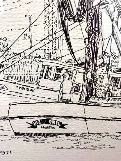 "Clear Creek at Galveston Bay, Texas" - Reframed Original Signed Ink Drawing by Artist Jack Kroehnke circa August 1971