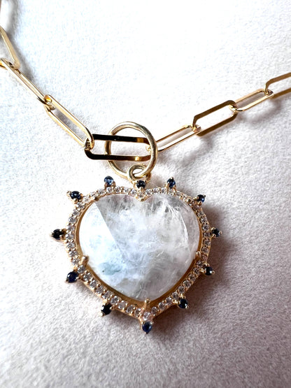 Moonstone and Sapphire & White Crystals Heart Necklace