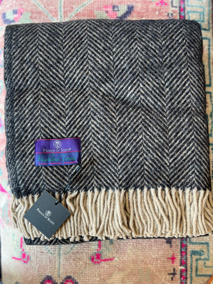 Black & Tan Highland Tweeds 100% Wool Herringbone Throw - Made in the British Isles