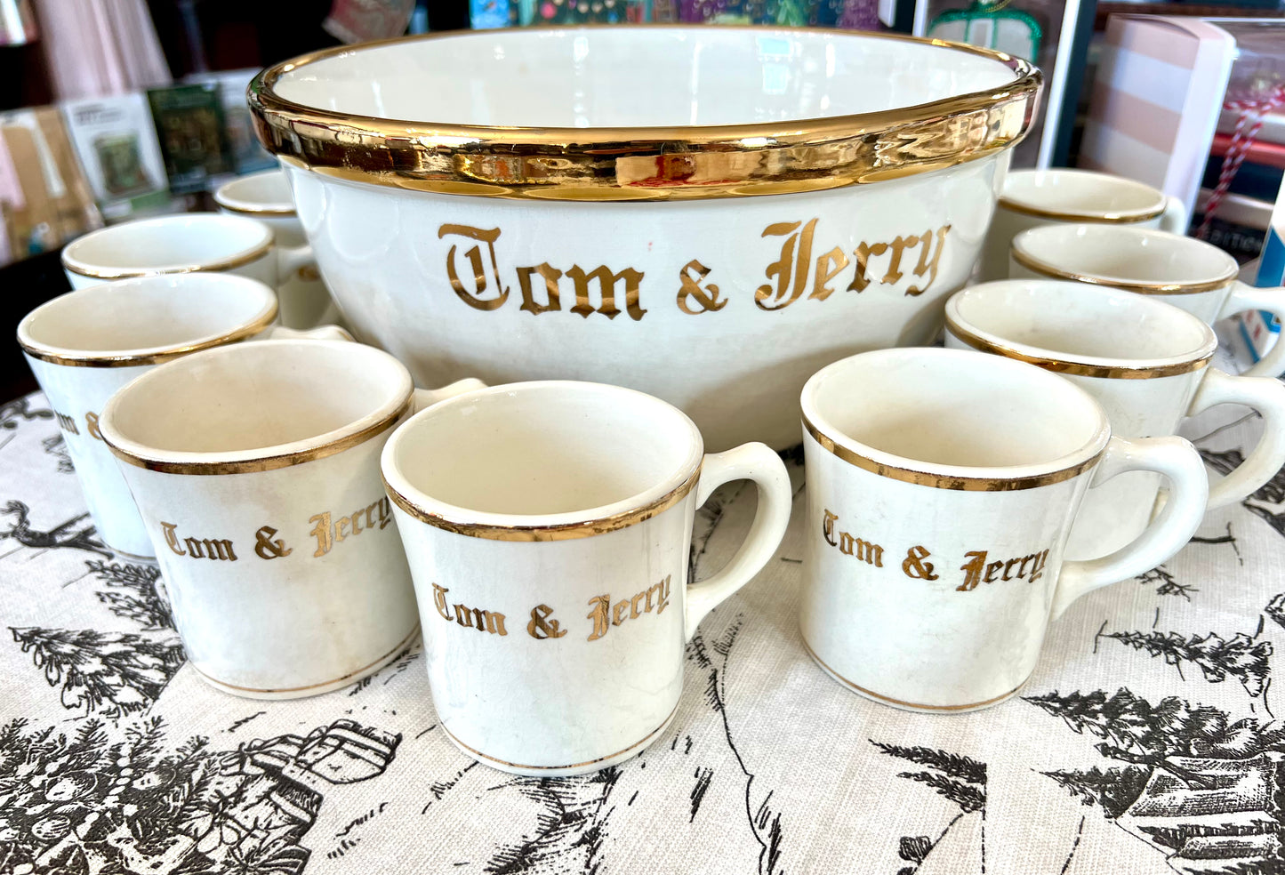 Vintage Tom & Jerry Gold Punch Bowl & Cups Set