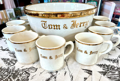 Vintage Tom & Jerry Gold Punch Bowl & Cups Set