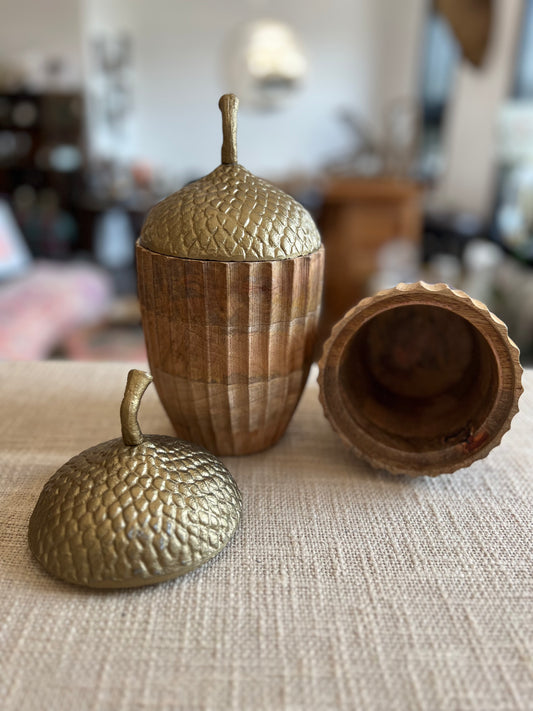 Carved Wooden Acorn Container with Golden Cap