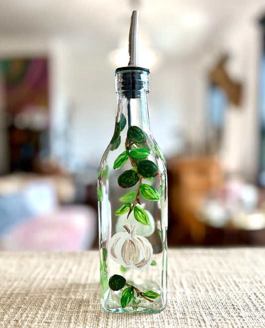 Garlic & Green Olives Hand-painted Olive Oil Bottle by Carol Moore