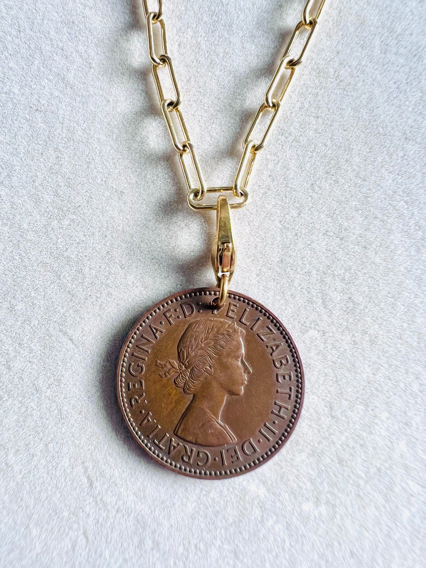 1955 Queen Elizabeth II Half Penny Coin 14kt Gold Vermeil Paperclip Necklace