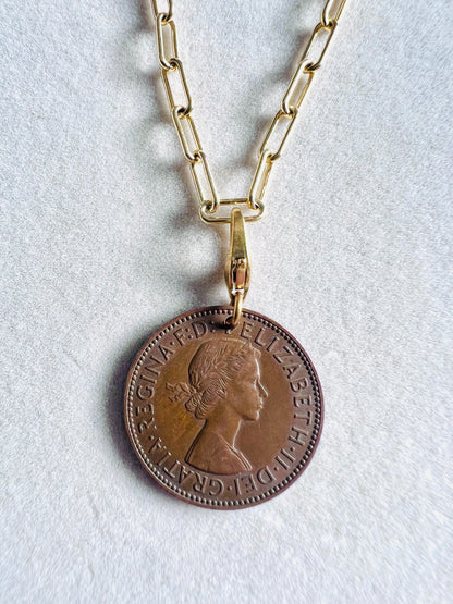 1955 Queen Elizabeth II Half Penny Coin 14kt Gold Vermeil Paperclip Necklace