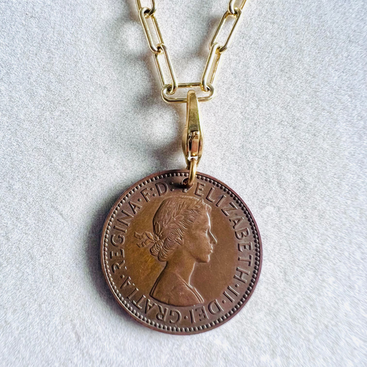 1955 Queen Elizabeth II Half Penny Coin 14kt Gold Vermeil Paperclip Necklace