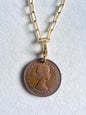 1955 Queen Elizabeth II Half Penny Coin 14kt Gold Vermeil Paperclip Necklace