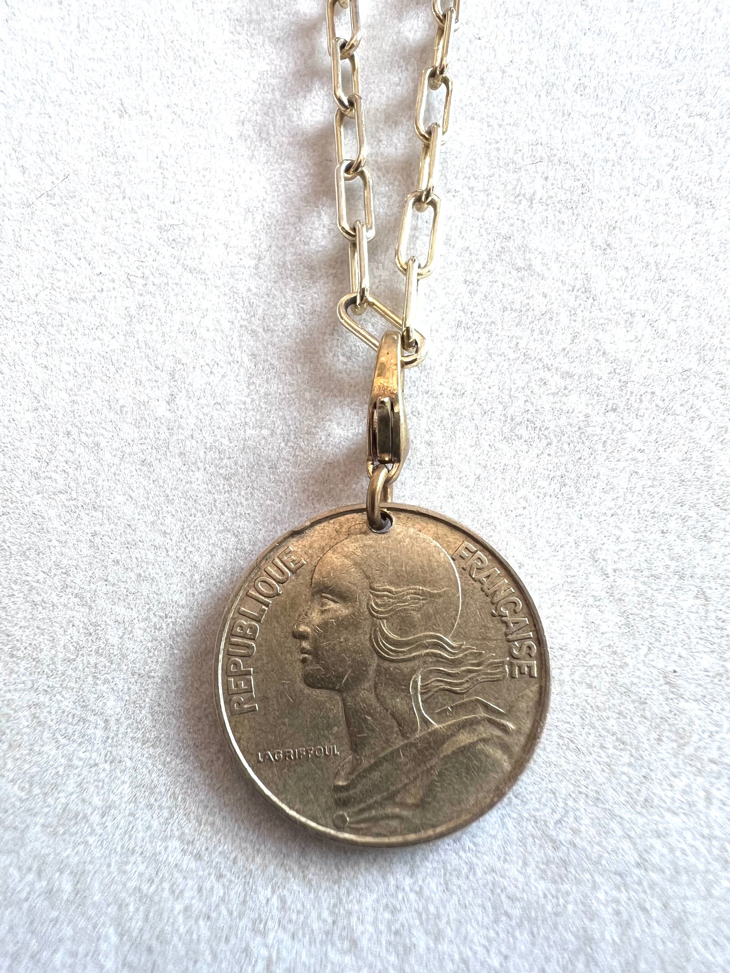 1962 French Marianne Coin 14kt Gold Vermeil Paper Clip Necklace