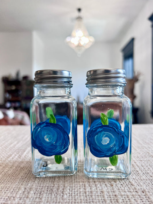 Hand-painted Salt & Pepper Shaker Set - Blue Rose