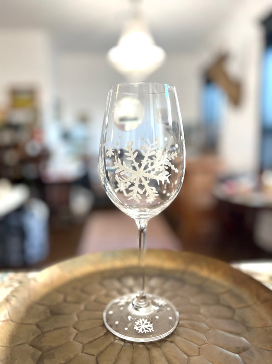 Hand Painted Snowflake White Wine Glass by Carol Moore