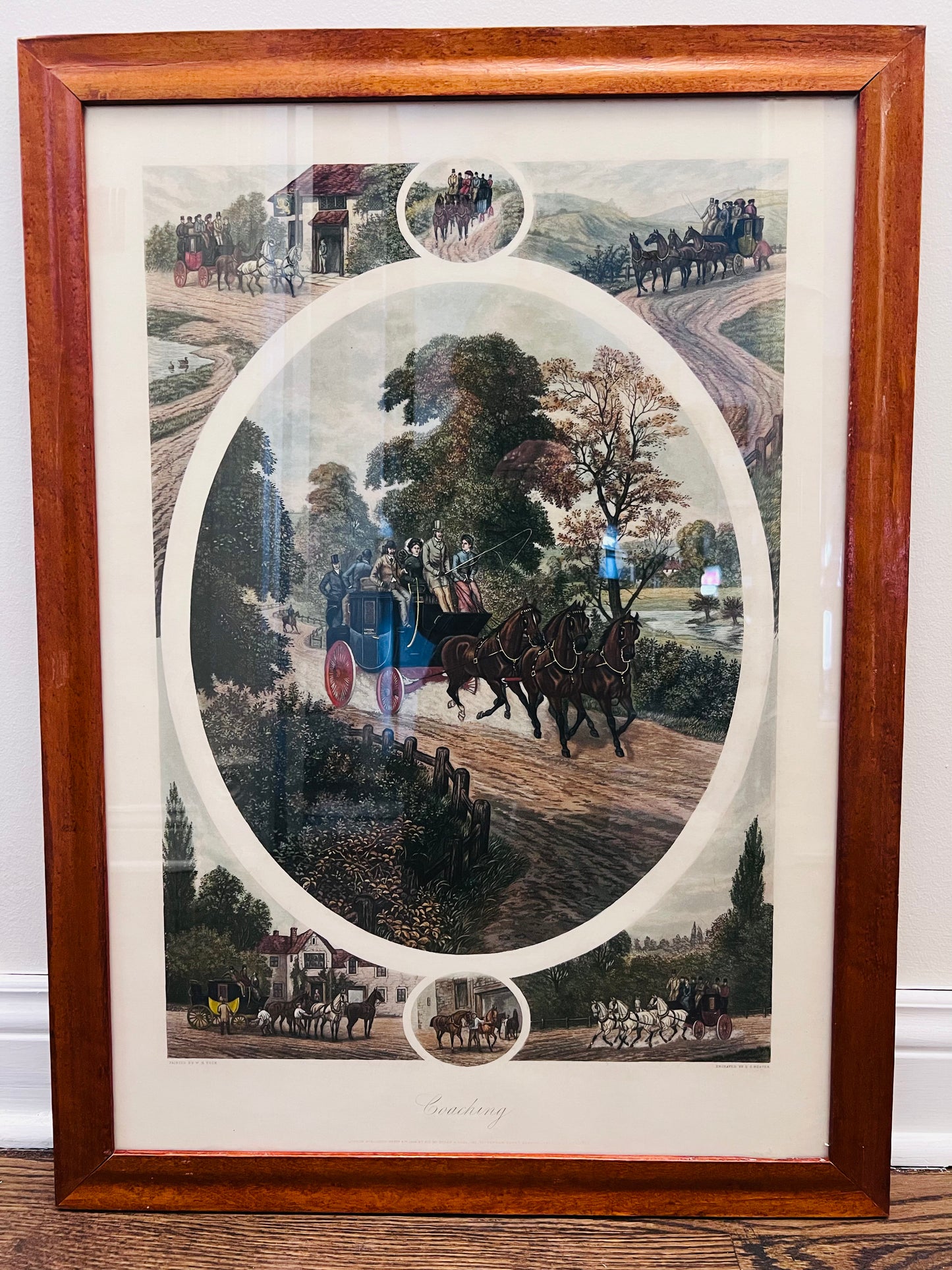 Vintage "Coaching" Wood-Framed Print by British Artist William Henry Tuck
