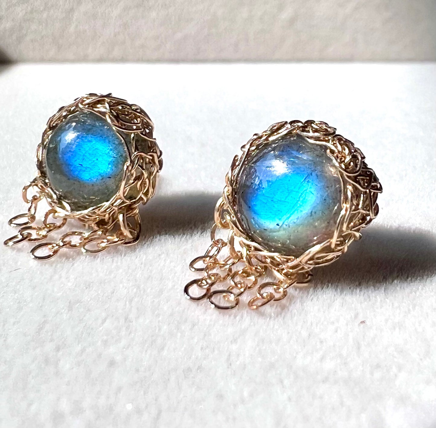Labradorite Jellyfish Earrings – Hand-Crocheted in 14k Gold