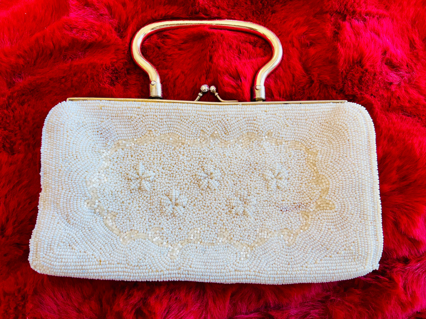 Vintage Ivory Beaded Clutch Purse with Gold Toned Handle