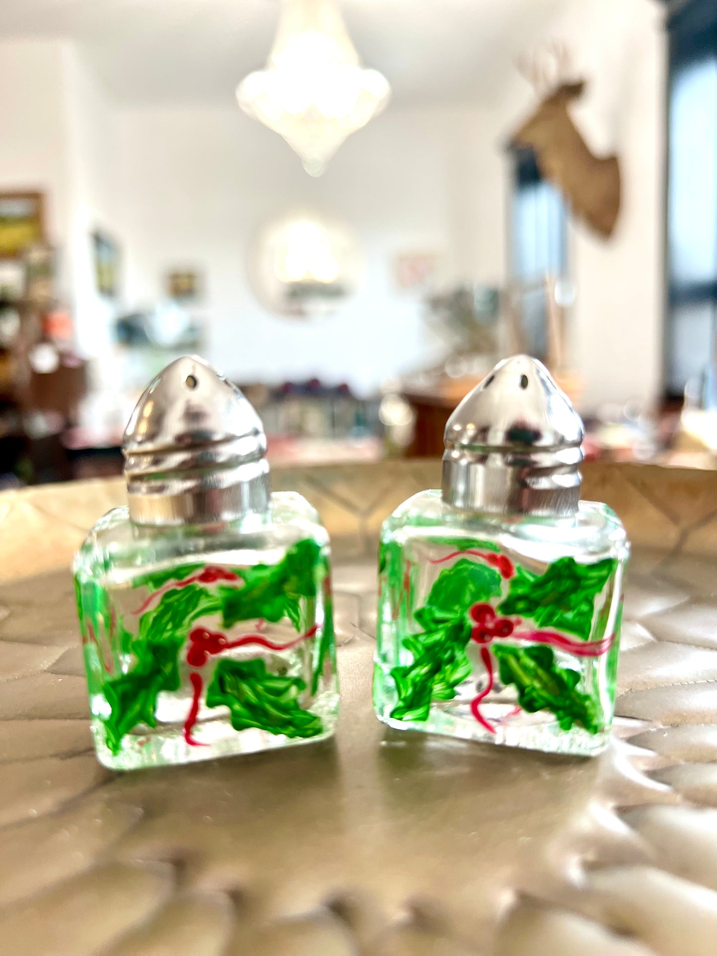 Christmas Holly Small Hand-painted Salt & Pepper Shaker Set by Carol Moore