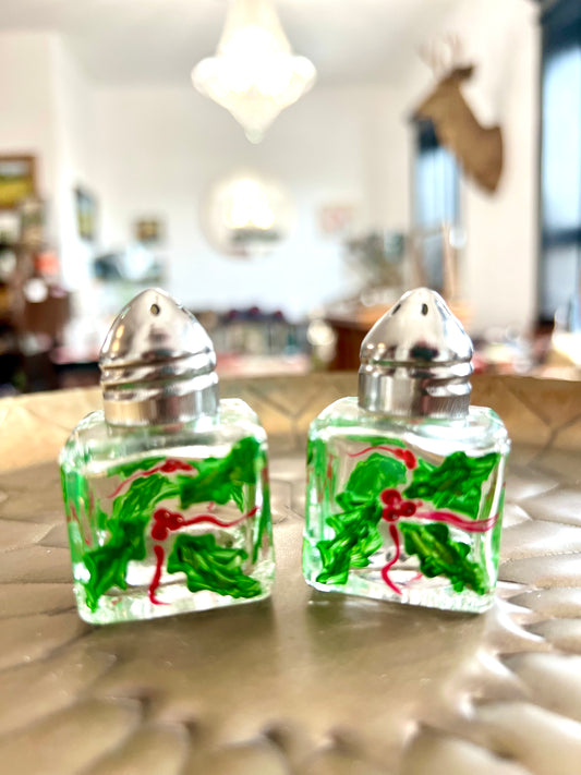 Christmas Holly Small Hand-painted Salt & Pepper Shaker Set by Carol Moore