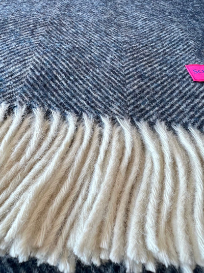 Navy & White Herringbone Fringe New Zealand 100% Shetland Lambswool Throw Blanket - Made in the British Isles
