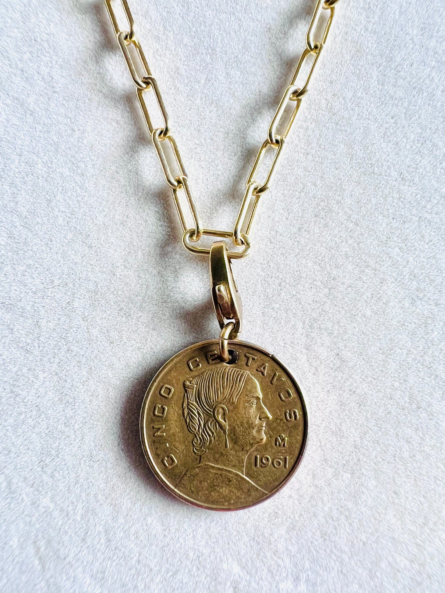 1961 Mexican 5 Centavos Coin 14kt Gold Vermeil Paper Clip Necklace