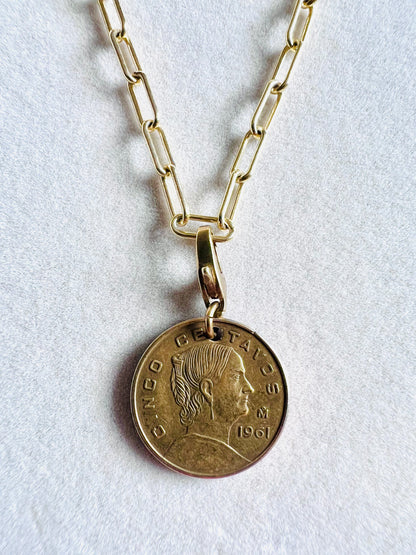 1961 Mexican 5 Centavos Coin 14kt Gold Vermeil Paper Clip Necklace