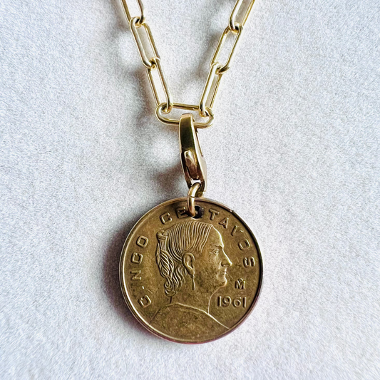 1961 Mexican 5 Centavos Coin 14kt Gold Vermeil Paper Clip Necklace