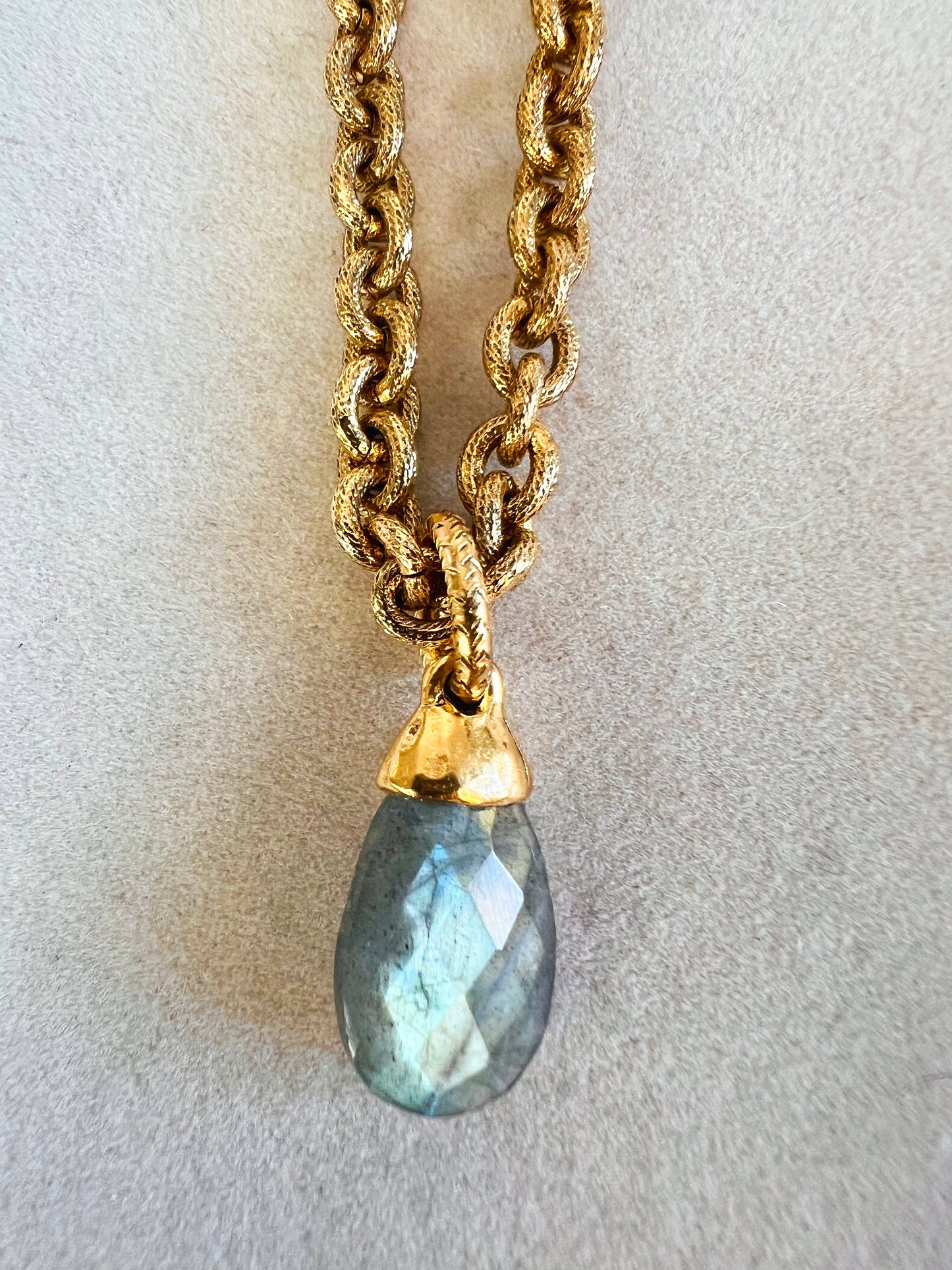 Labradorite Briolette Pendant on 12kt Gold Finish Necklace