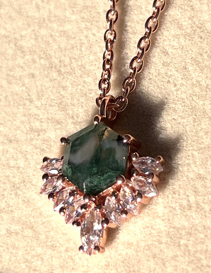 Moss Agate & White Topaz Cluster Necklace