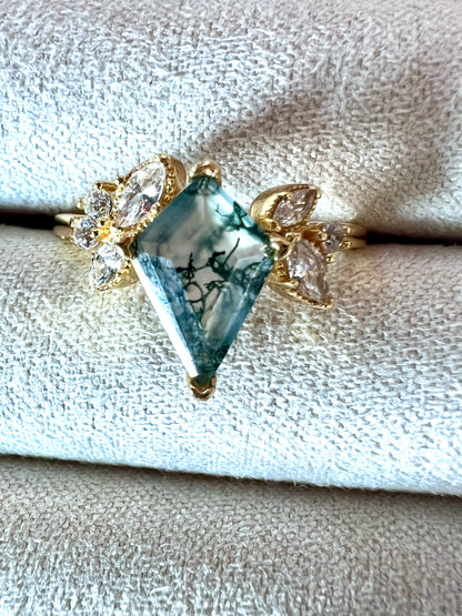 The Evangeline Ring - Moss Agate & White Topaz in Gold Vermeil, Size 5