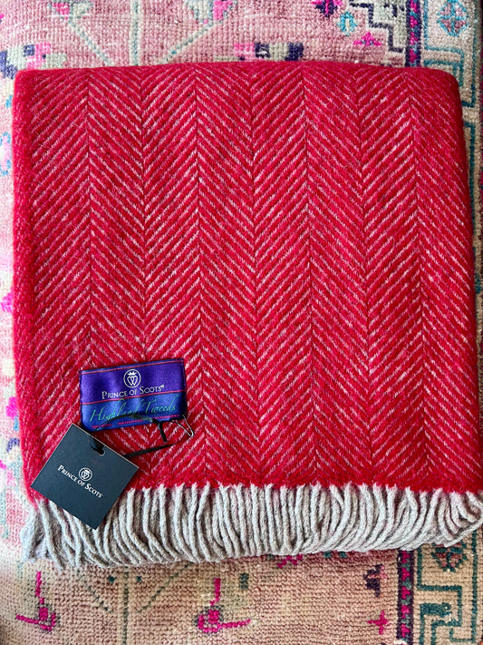 Ruby Red & Pearl Gray Highland Tweeds 100% Wool Herringbone Throw - Made in the British Isles