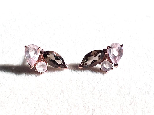 Rose Moon Earrings, Smoky & Rose Quartz & Moonstone & 14kt Rose Gold