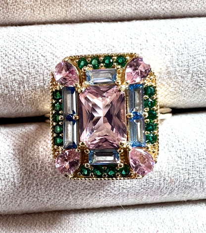 The Marlowe Ring - Morganite, Emerald & Aquamarine Cocktail Ring, Size 5