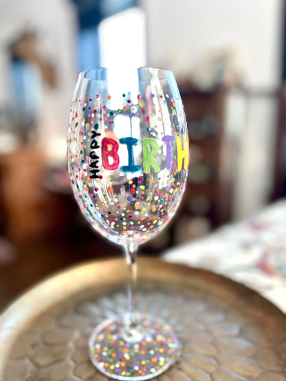 Hand Painted Happy Birthday Red Wine Glass by Carol Moore