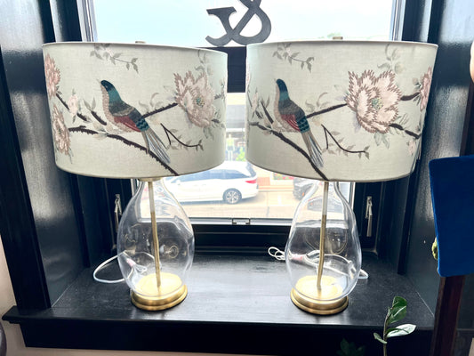 Songbirds & Blooms Embroidered Shade & Glass Lamp - IN STORE OR LOCAL DELIVERY ONLY