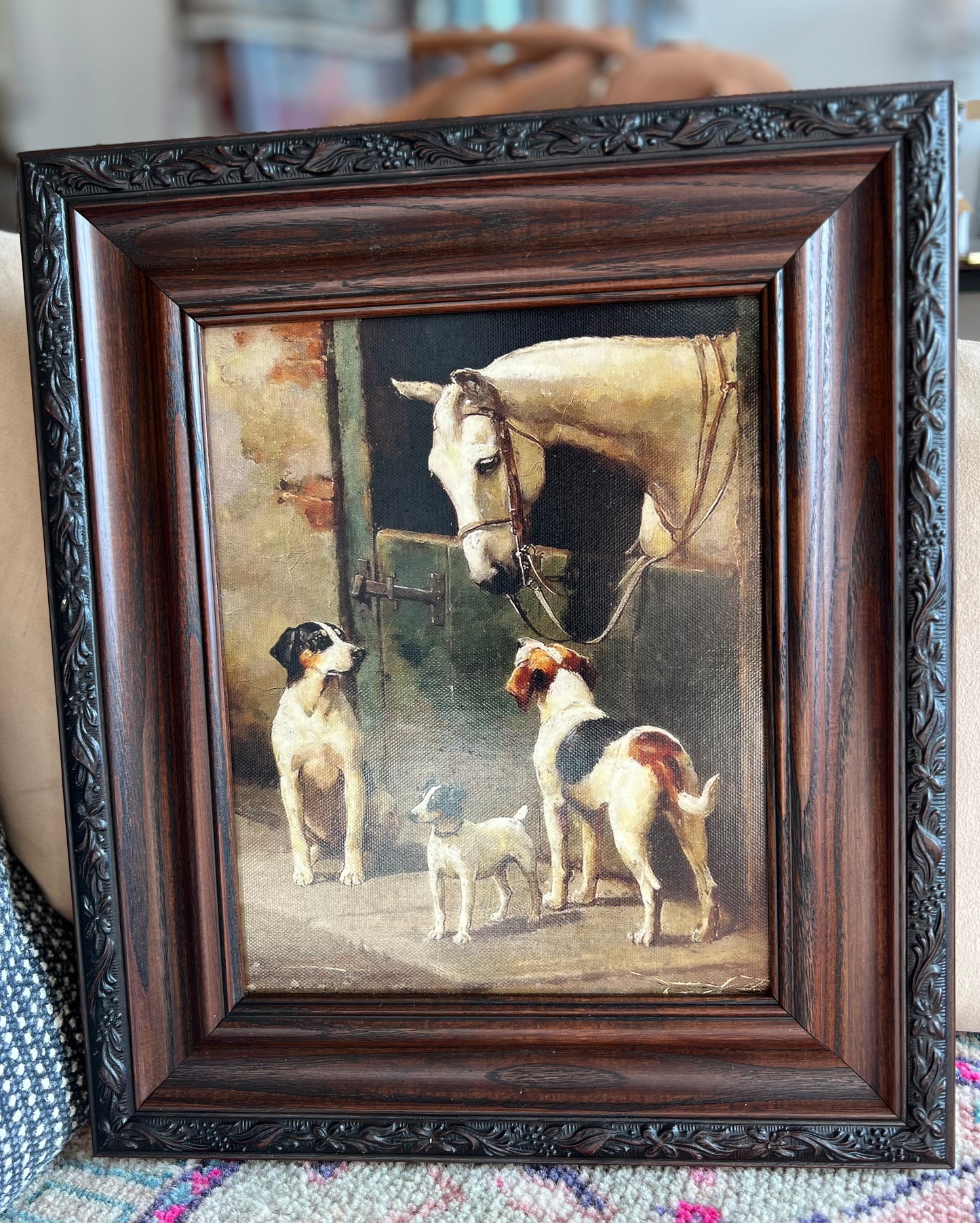 Dog and Horse at Stable - Reproduction Canvas Print on Brown/Black Solid Oak Frame