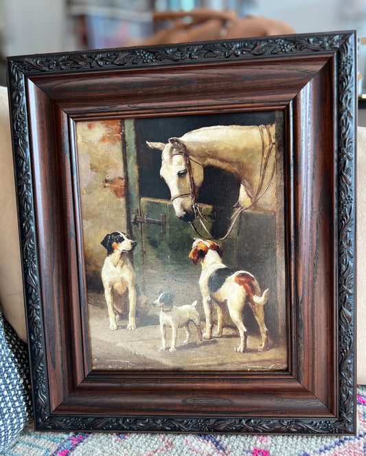 Dog and Horse at Stable - Reproduction Canvas Print on Brown/Black Solid Oak Frame