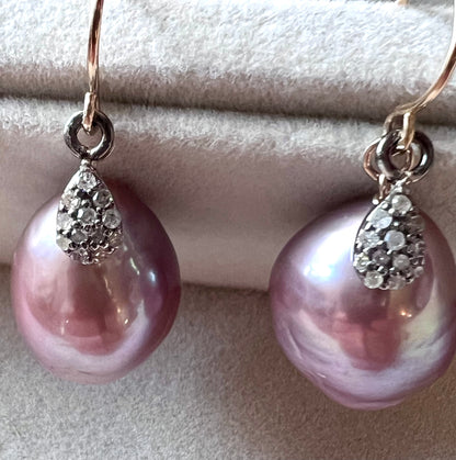 Cultured Pink Pearls & Pavé Diamonds Earrings