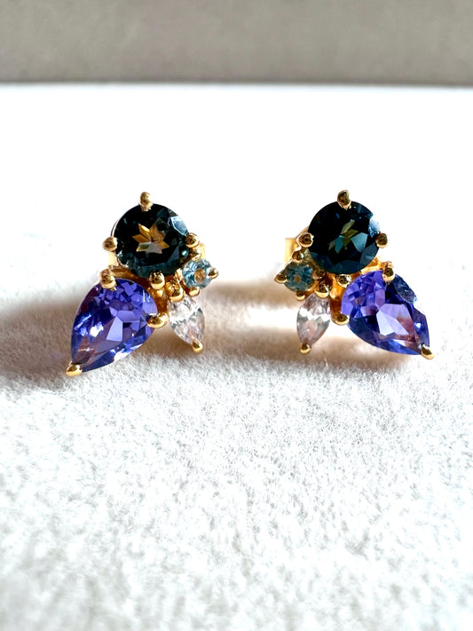 Blue Topaz, Alexandrite, & White Topaz Cluster Earrings