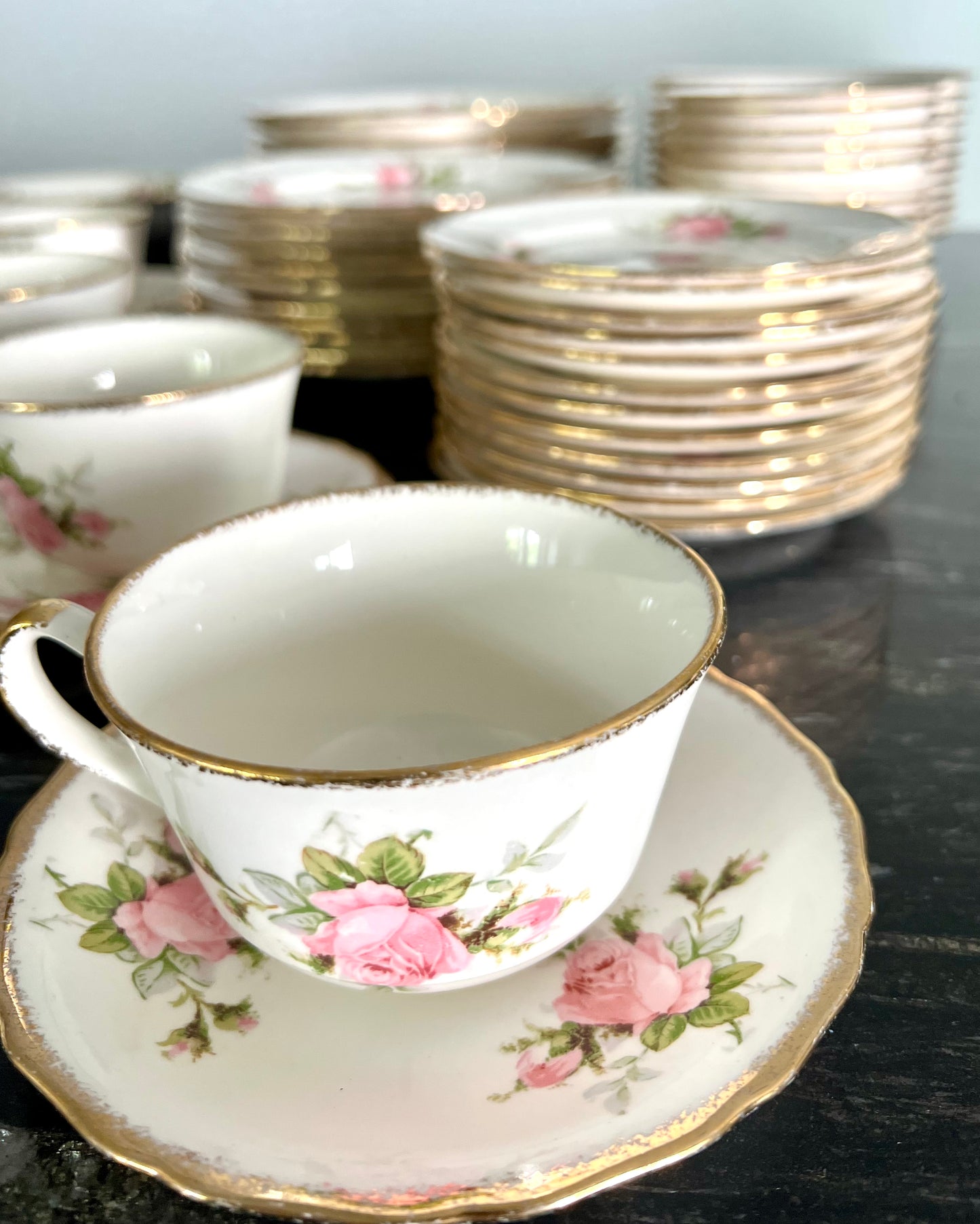 Cannonsburg Pink Rose China with 22KT Gold Trim – 92-Piece Heirloom Set