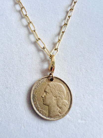 1952 French Marianne Coin 14kt Gold Vermeil Paper Clip Necklace