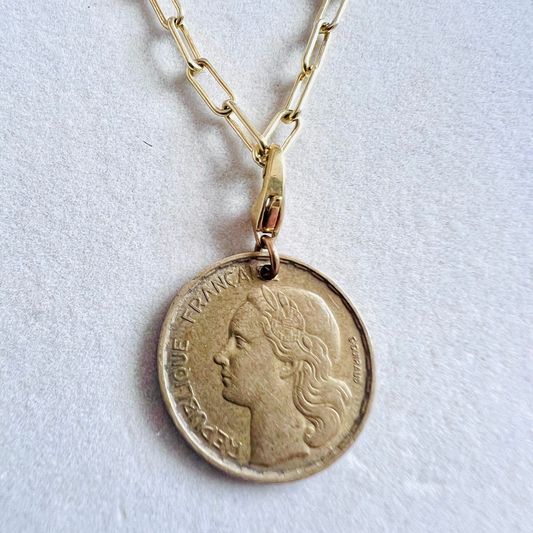 1952 French Marianne Coin 14kt Gold Vermeil Paper Clip Necklace