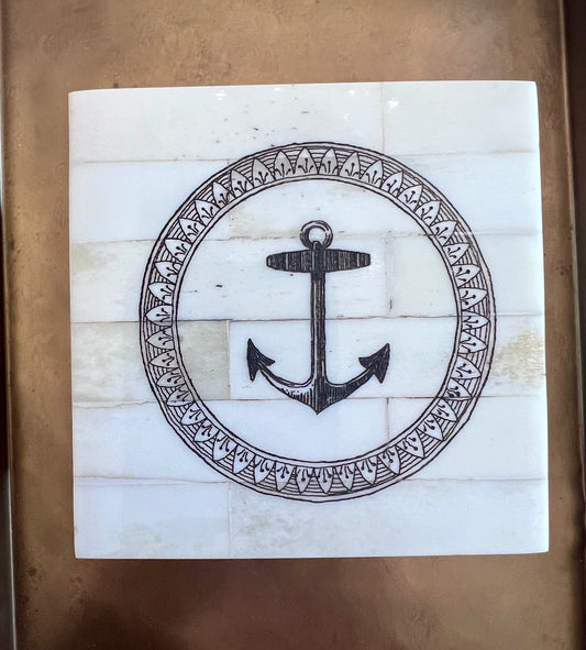 Anchor Reproduction Scrimshaw Ox Bone Box