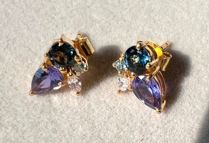 Blue Topaz, Alexandrite, & White Topaz Cluster Earrings
