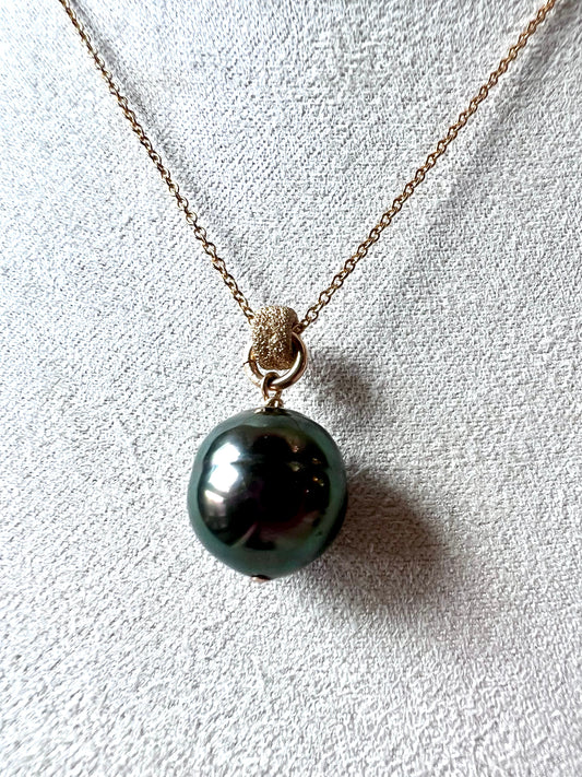 The Kristin Necklace - Gray Green South Sea Freshwater Pearl Necklace & Crystal Roundel on 14K Gold-Filled Chain