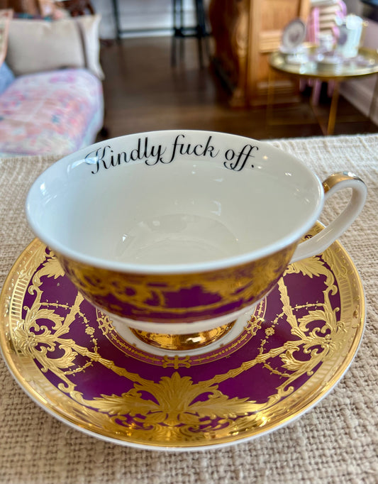 Purple & Gold Kindly Fuck Off Teacup & Saucer