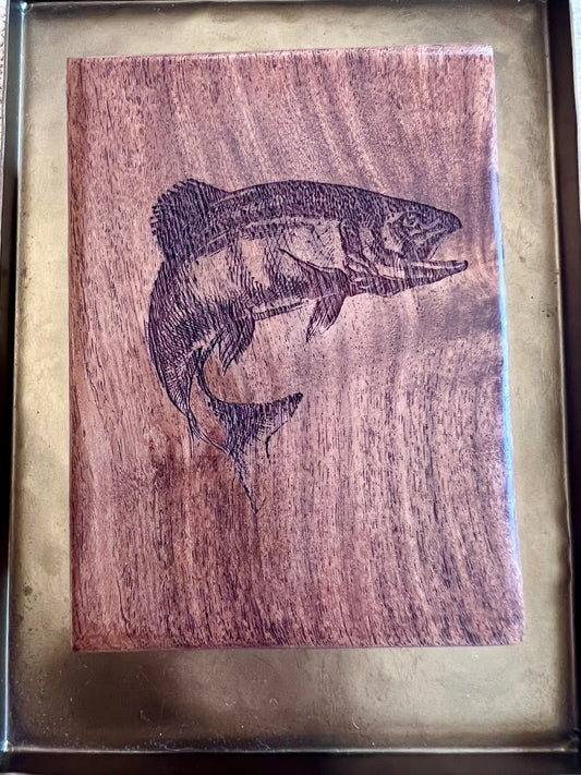 Etched Trout Fish Teak Wood Trinket Box/Playing Card Box