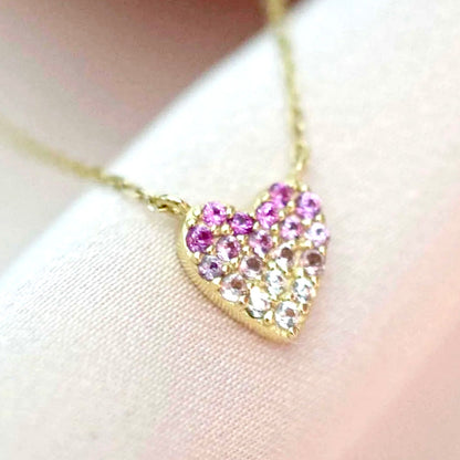 Pink & White Sapphire Heart Solid 14kt Gold Necklace