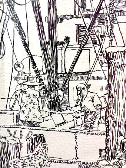 "On the Docks, Seabrook, Texas" - Reframed Original Signed Ink Drawing by Artist Jack Kroehnke circa August 1971