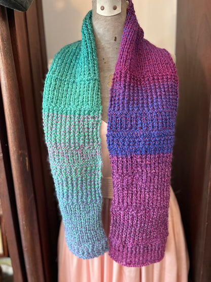 Hand Knit Soft Wool Scarf in Teal, Purples & Blues
