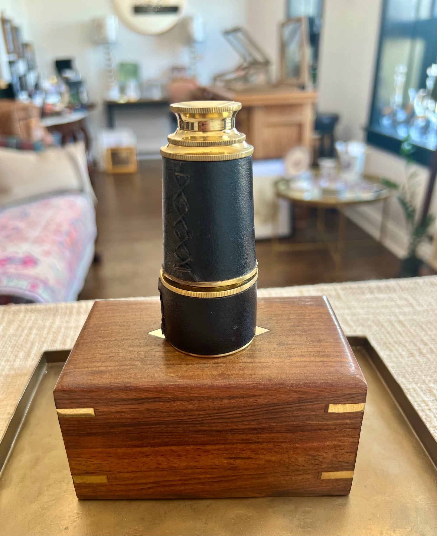 Leather-Wrapped Brass Pocket Telescope in Wood Display Box